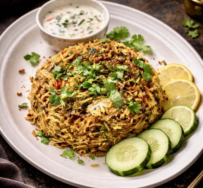 Savory chicken fried rice stir-fried with vegetables and seasoning.