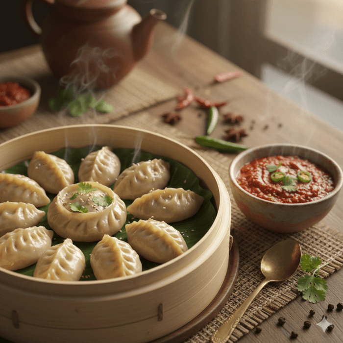 Steamed chicken momos filled with seasoned minced chicken, arranged with dipping sauce.