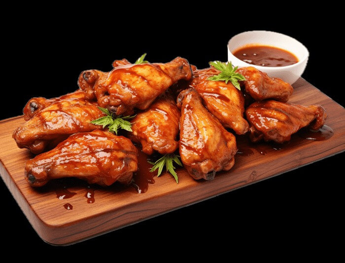 A platter of golden crispy chicken wings glazed with a spicy BBQ sauce, garnished with herbs and served with dipping sauce.