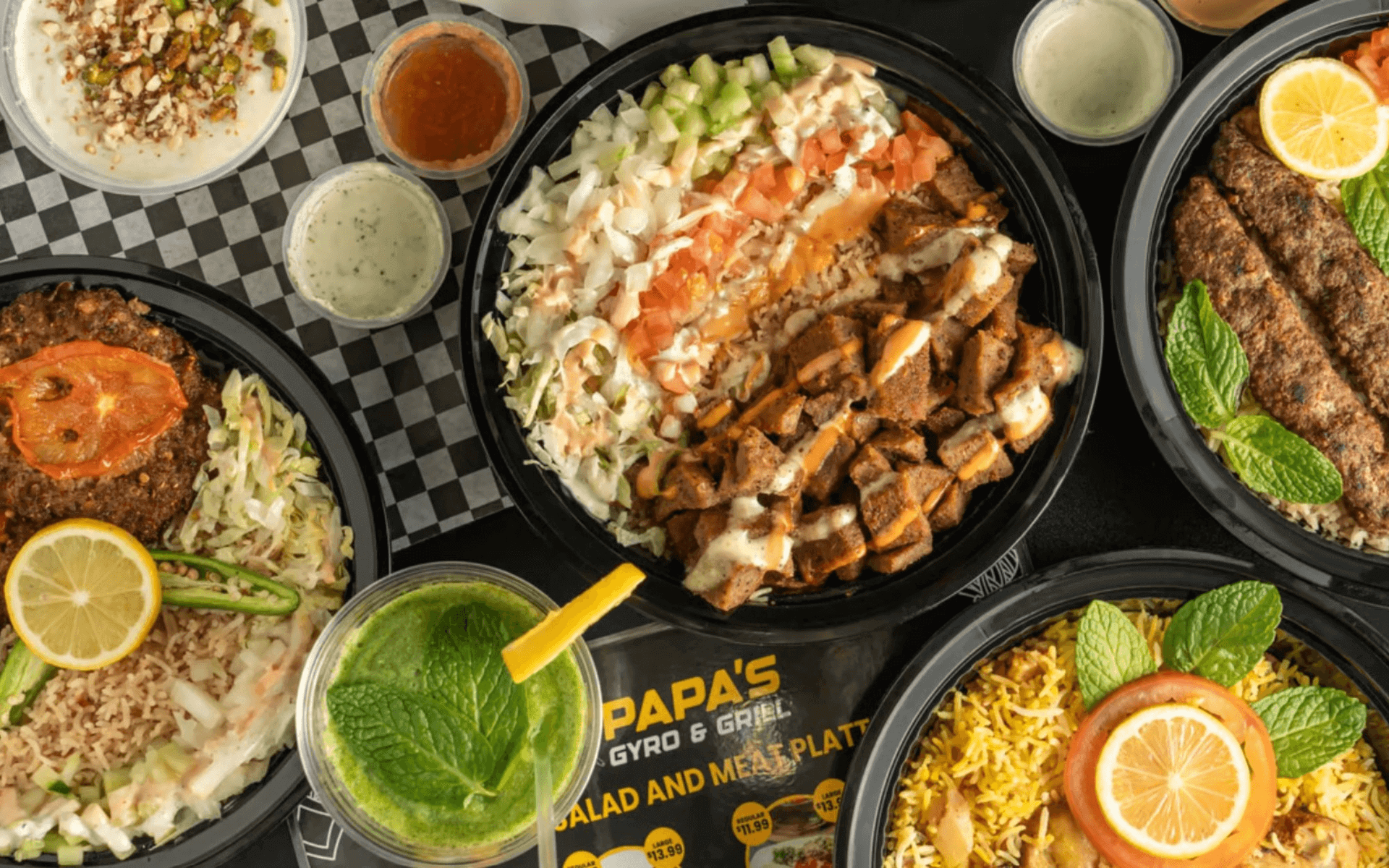 Mediterranean plates with grilled meats, rice, fresh veggies, herbs, and vibrant sauces arranged beautifully in generous, colorful portions