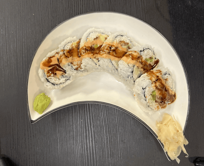 Spider Roll with soft shell crab, crab, and avocado.