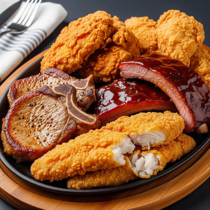 Two meat combo with the option of fried chicken and pork chops, sides in Edgewater