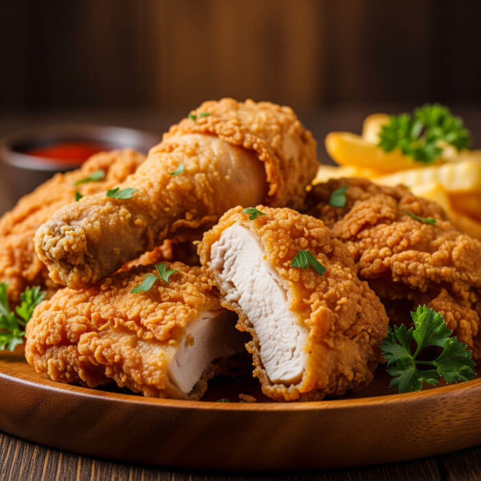 Fried chicken with crispy golden crust and spices from Howard St. Soul in Skokie