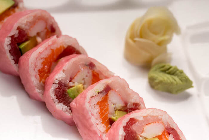 Pink-wrapped Lollipop Roll sushi plate in Fountain Square