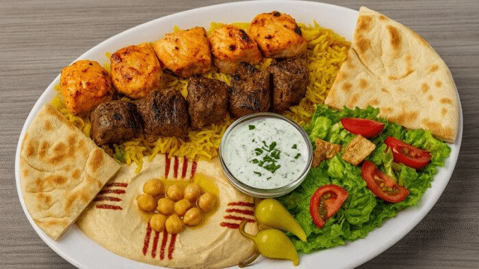 One skewer of Chicken & Beef kabob. Seasoned Basmati rice. Side of hummus or baba ghanoush or Tzatziki, side salad and grilled pita bread.