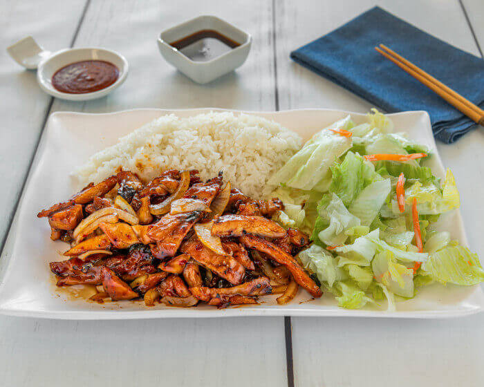 Spicy Chicken Teriyaki with char-grilled onions, white rice, and fresh salad at Manna Teriyaki North Lynnwood