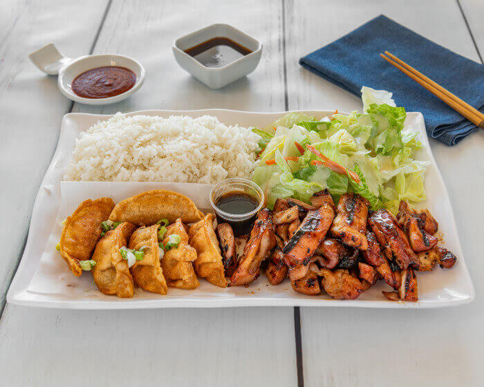Chicken teriyaki with 6 crispy gyoza, rice, and salad